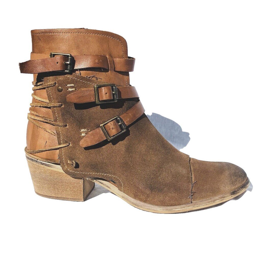 Roan Bed Stu Jag Ankle Booties Leather Strappy Buckles 9.5 Brown Steampunk Boho